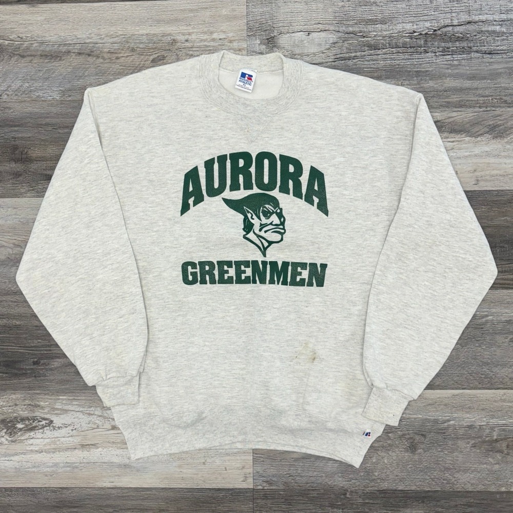 Vintage Russell‎ Athletic 90s Aurora Greenmen Gray XL Football HS Sweatshirt